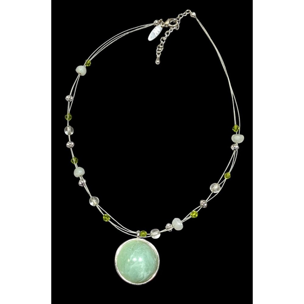 NY Green Stone Cabochon Pendant Necklace With Green And Silver Tone Beaded Accen